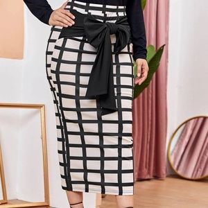 Shein Grid Print Belted Bodycon Midi Skirt Size 2X